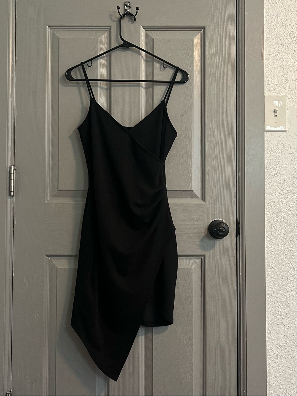 Mind Code Black Asymmetrical Slip Dress with Spaghetti Straps